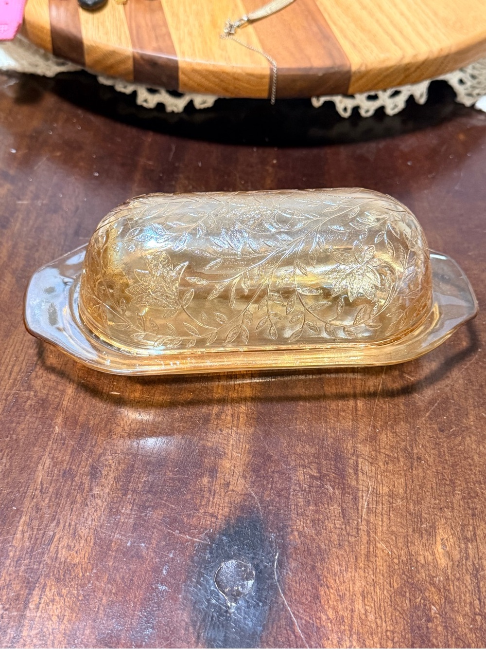 Vintage Jeannette Iridescent Carnival Louisa Marigold Covered Butter Dish